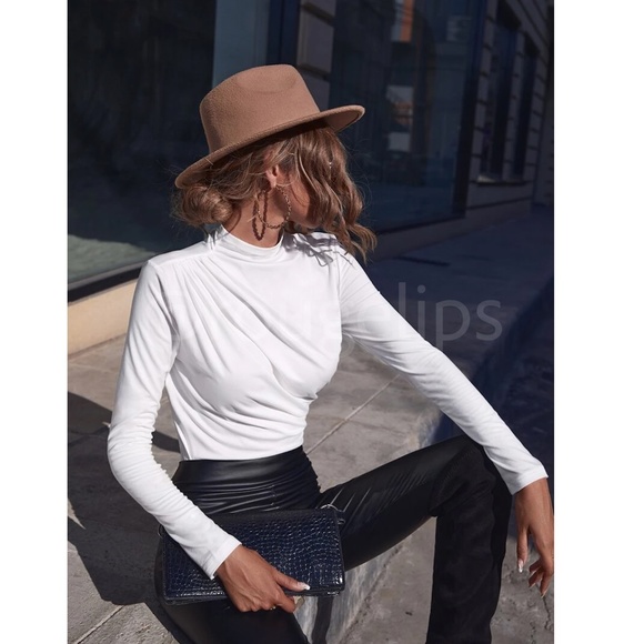 Ruched Asymmetric White Long Sleeve Shirt Slim Fit Stretchy - Picture 3 of 10